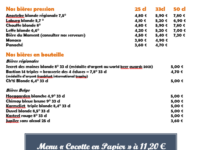 La Cocotte L'Appart Côté Mer Carte des boissons