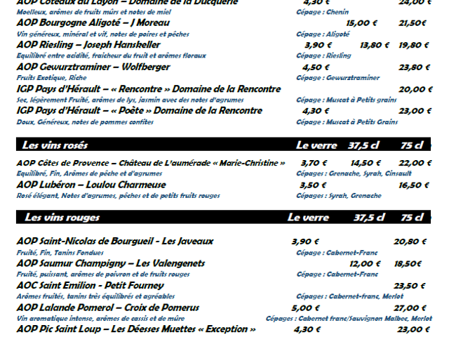 La Cocotte L'Appart Côté Mer carte des vins